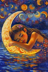 Wall Mural - A serene girl sleeps on a crescent moon, surrounded by colorful celestial bodies.