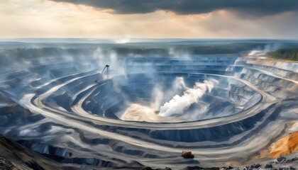 Poster - Open-pit mine surrounded by smoky skies highlighting environmental impact and industrial consequences