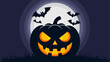 © Alexander - Pumpkin with carved cat face, glowing eyes, against full moon and bats.