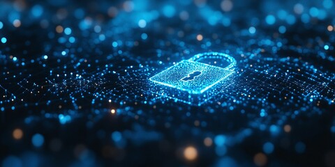 Wall Mural - advanced digital padlock for quantum computing system on a dark blue optics background representing 