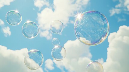 Poster -   Soap bubbles float in the sky against a backdrop of white clouds and blue skies