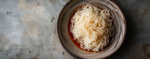 Light shirataki noodles topped with chopped seaweed and soy sauce. Free copy space for banner.