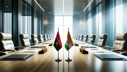 A modern conference room with Angola and India flags on a long table, symbolizing a bilateral meeting or diplomatic discussions between the two nations.