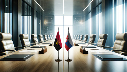 A modern conference room with Angola and Slovakia flags on a long table, symbolizing a bilateral meeting or diplomatic discussions between the two nations.