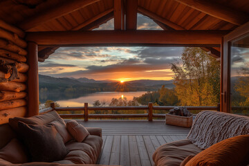 Sunset View from a Cozy Log Cabin Overlooking a Lake and Forest