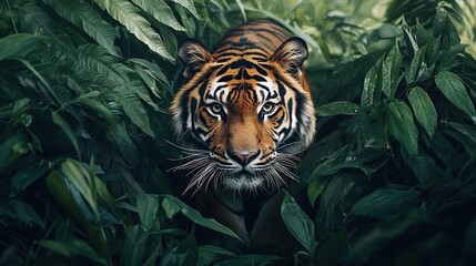 Sticker -   A tiger strolling in a dense jungle surrounded by towering, slender green foliage