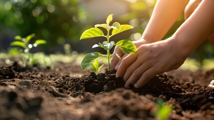 Close-up of hands nurturing and planting a young tree