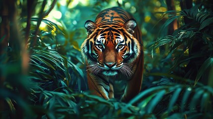 Wall Mural -   A painting depicts a tiger strolling through a dense forest of foliage, featuring a hazy background of leafy foliage