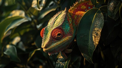 Poster -   A vibrant chameleon perched atop a verdant tree, adjacent to a lush bush, on a radiant day