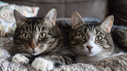 Close-up of two adorable cats with striking eyes lying on a couch