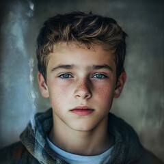 Canvas Print - A young boy with blue eyes and a scarf around his neck