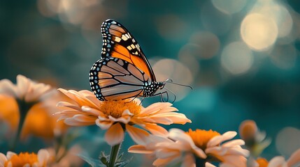 Wall Mural -   A butterfly rests atop a blossom with a soft boke of sunlight in the background