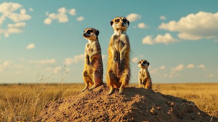 Sticker -   Three meerkats perched atop a dirt mound amidst a field