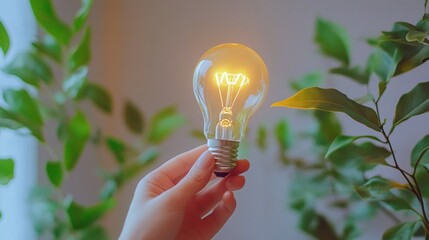 Wall Mural - ecofriendly innovation and sustainable energy solutions illustrated by a light bulb with green leaves held by a hand against a clean background emphasizing nature power and a green future