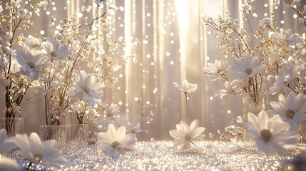 Poster -   A group of vases holding white flowers sits on a nearby table under white curtains by the window