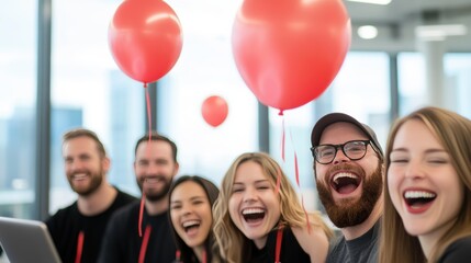 Wall Mural - A diverse team of individuals celebrating a project milestone, with smiles and laughter reflecting their positive work environment.