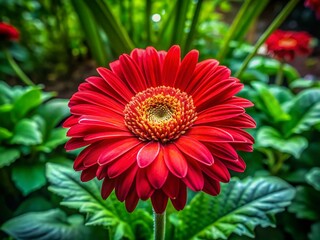 Wall Mural - Vibrant Red Daisy Blooming in a Garden with Lush Green Leaves and Soft Natural Background