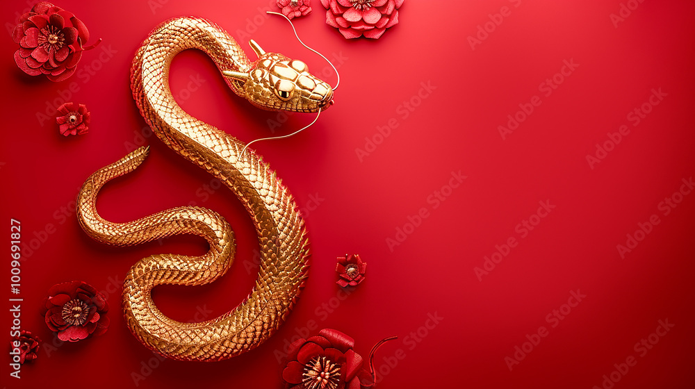 Golden snake symbol of the 2025 new year on a red background with copy ...