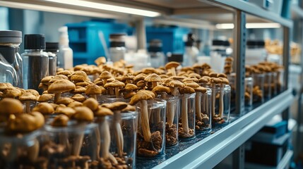 scientists in a pharmaceutical research lab using advanced equipment to study dried mushrooms, analyzing natural compounds for medicinal potential and prescription drug development