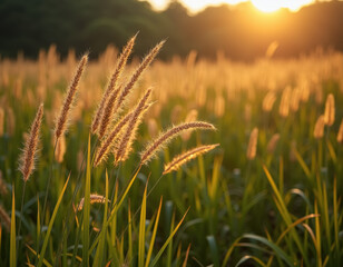 Sunset over a field of tall grasses