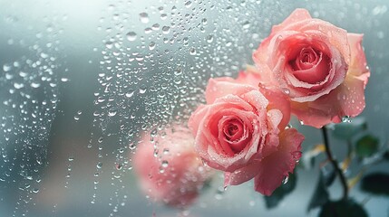 Sticker -   A pair of pink roses resting on a rain-kissed window, set against a backdrop of azure sky on a showery day