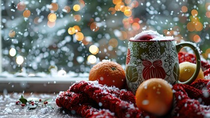 Poster - A mug with Christmas motifs sits on top of two knitted scarves