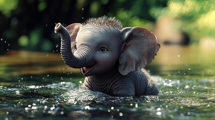 Sticker -   Baby elephant in water, trunk up, head above surface