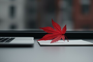 Wall Mural - Red Leaf on Notebook by Laptop: Autumn Workspace