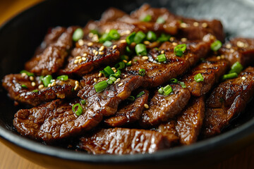 Deliciously grilled bulgogi served with sesame seeds and green onions in a cozy dining setting