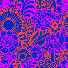 Wall Mural - seamless floral graphic pattern of purple-red elements on a blue background, texture, design