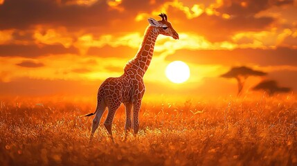 Canvas Print -   A majestic giraffe stands tall in a serene field, bathed in golden sunlight, with wispy clouds drifting lazily overhead