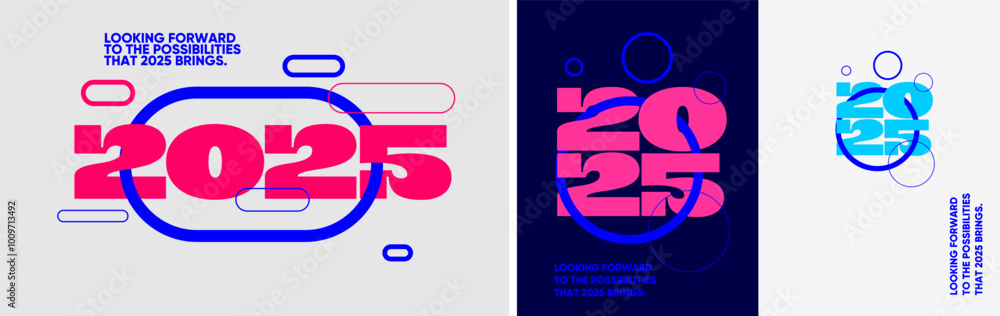Bright vector illustrations of postcards featuring bold 2025 typography ...