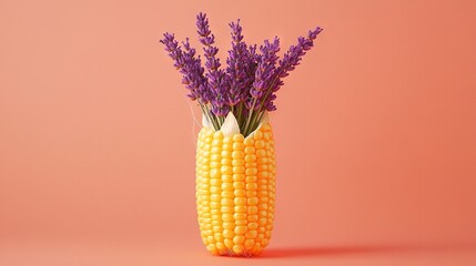 Poster -   A vase with purple flowers and corn on a pink background against a pink wall