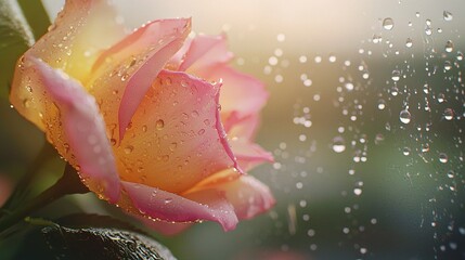 Sticker -   A pink close-up of a rose with water droplets on its petals and a blurred background