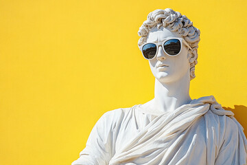 A Greek statue of an ancient man sitting on a throne wearing sunglasses on a yellow background. Minimalist style.