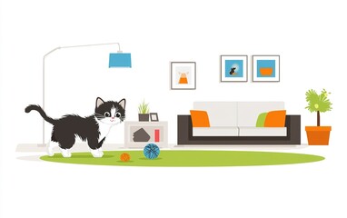 A playful kitten exploring a cozy living room, surrounded by colorful toys and inviting decor during a sunny afternoon