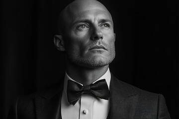 a bald man in his 30’s, high fashion, studio lighting setup, striking pose, high contrast B&W,