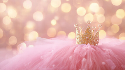 Wall Mural - A pink tutu skirt with a gold crown on it, a princess-themed background, blurred lights in the background