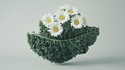   A single bouquet of daisies atop a lush green plant with pure white daisies adorning it