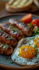 Delicious breakfast meal featuring fried sunny-side-up eggs, sausages, and fresh tomatoes on a rustic plate.