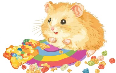 A cheerful hamster indulging in colorful treats on a vibrant plate surrounded by crunchy snacks in a playful environment