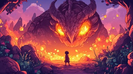 Poster - Fantasy Landscape with Glowing Creature and Girl