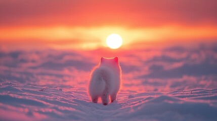 Sticker -   A cat perched amidst a snowfield at dusk