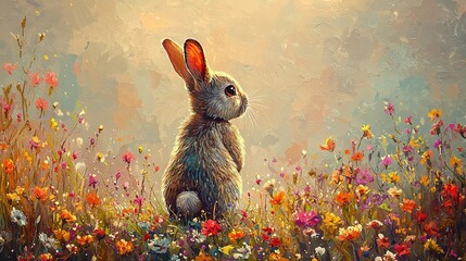 Canvas Print -   Rabbit amidst blooms under yellow sky