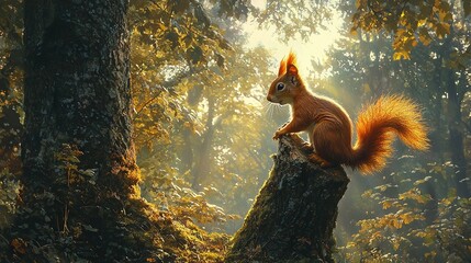 Poster -   Red squirrel perched on treetop stump amidst dense woodland