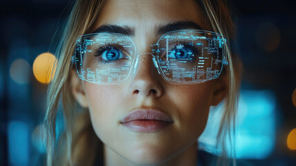 Wall Mural - A person gazes intently while wearing advanced augmented reality glasses showcasing vivid digital information in a modern tech setting