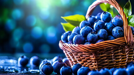 Wall Mural - Fresh blueberries in a wicker basket against a blurred green background.