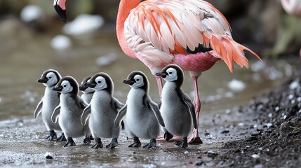 Poster -   A flock of birds perched beside a cluster of tiny feathered creatures on the shore of a body of water