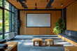 © Fernando Cortés - Modern conference room with empty projection screen, large window, and customizable mockup wall for creative presentations