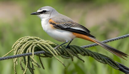 Wall Mural - Scissor-tailed flycatcher weaving a nest with colorful synthetic material along the coast of Galveston, Texas